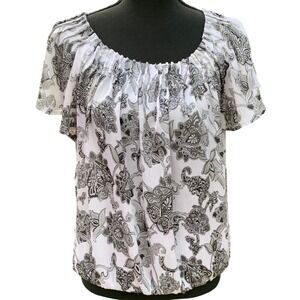 Boho White & Black Size Large Women's Paisley Print Blouse Top Short Sleeve